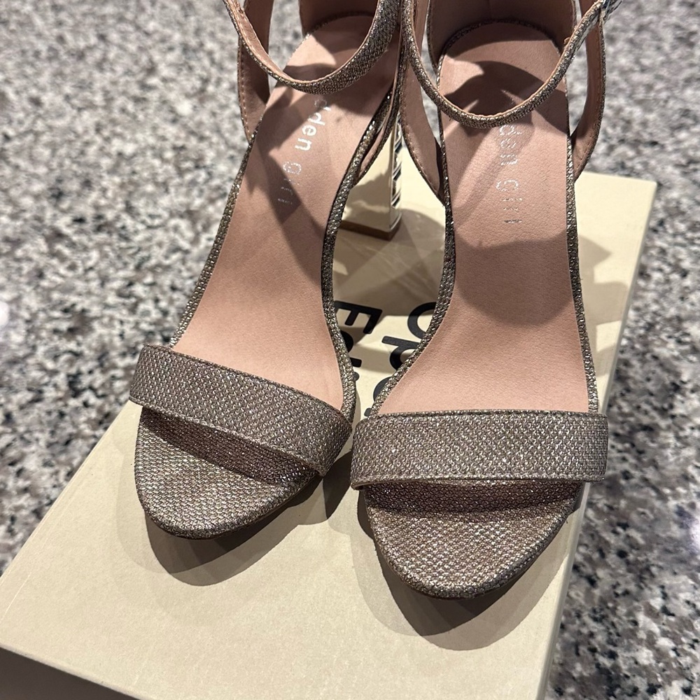 Tan Block Heel Sandals with Ankle Strap
